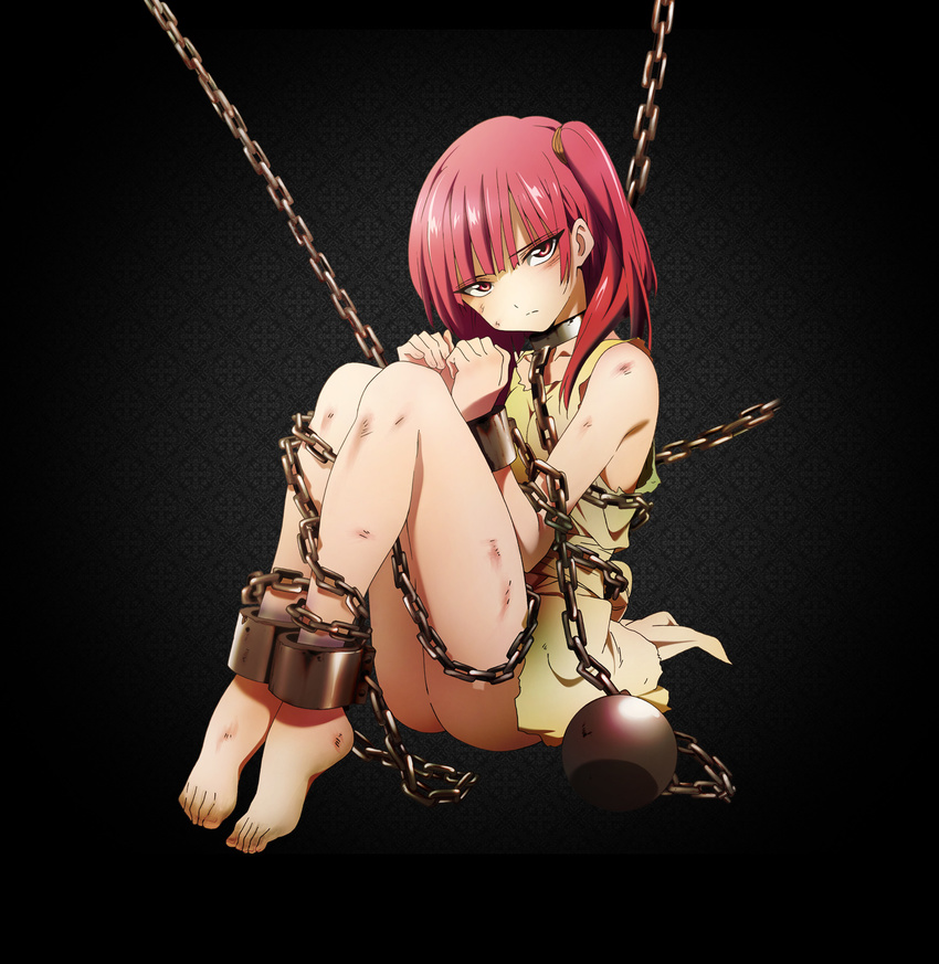 ankle_cuffs ball_and_chain_restraint barefoot bdsm black_background bondage bound bruise chain chained collar cuffs dark_background dirty dirty_feet feet highres injury legs legs_folded looking_at_viewer magi_the_labyrinth_of_magic metal_collar morgiana official_art one_side_up red_eyes red_hair restrained scratches shackles sitting slave sleeveless solo