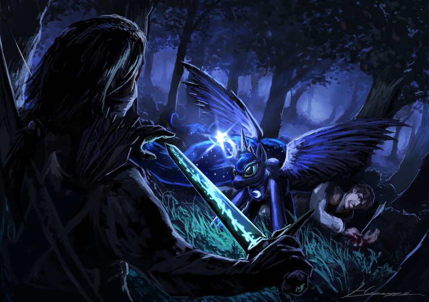 arrow blood blue_hair blue_theme bow bow_(weapon) brown_hair clothing cool_colors dark_theme defensive detailed_background equine female feral forest friendship_is_magic grass green_eyes group hair horn horse human huussii lying magic male mammal my_little_pony night on_side pony princess_luna_(mlp) quiver ranged_weapon scenery shirt sword tree weapon winged_unicorn wings wood