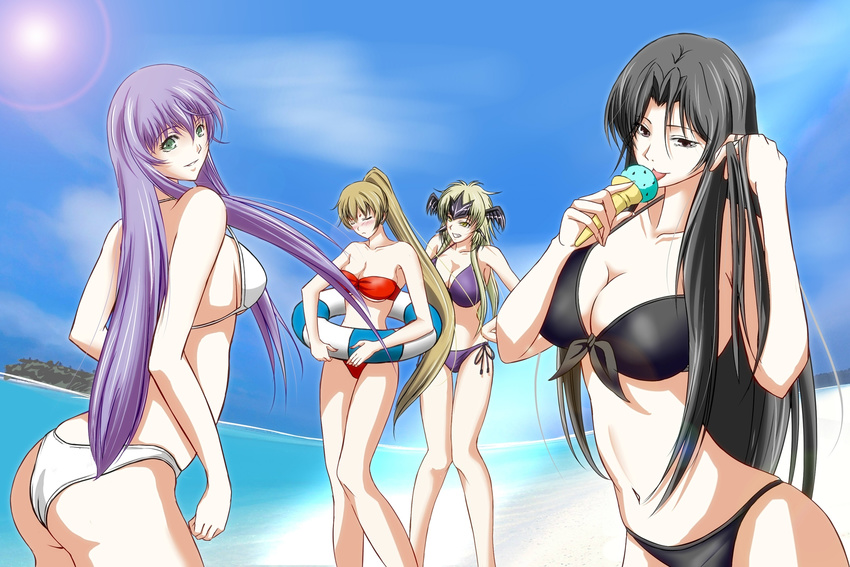 beach bikini black_bikini black_eyes black_hair blonde_hair breasts brown_hair cleavage closed_eyes cloud collarbone crane_yuzuriha day food green_eyes grin hand_in_hair highres holding ice_cream large_breasts long_hair marishiten multiple_girls navel ocean outdoors pandora_(saint_seiya) ponytail purple_bikini purple_hair red_bikini saint_seiya saint_seiya:_the_lost_canvas sasha_(saint_seiya:_the_lost_canvas) side-tie_bikini sideboob sky smile strapless strapless_bikini sun swimsuit tongue tongue_out underboob white_bikini