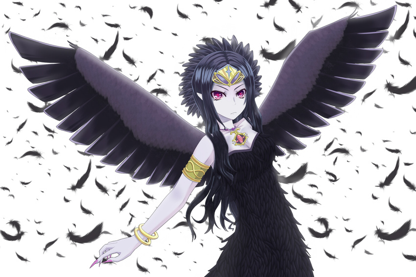 1girl armband black_dress black_hair black_wings bracelet breasts bust cleavage collarbone dress duel_monster emblem fabled_grimro feathers female fingernails frown holding infinity jewelry long_fingernails long_hair long_nails looking_at_viewer nail_polish necklace outstretched_arm pale_skin pink_nails pointy_ears pose purple_eyes simple_background solo standing strapless strapless_dress tiara upper_body white_background wings yu-gi-oh! yuu-gi-ou_duel_monsters