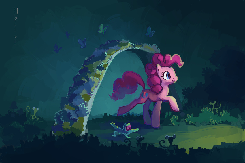 absurd_res alligator arch arthropod blue_eyes butterfly cutie_mark detailed_background equine female feral friendship_is_magic gummy_(mlp) hair hi_res holivi horse insect jungle male mammal my_little_pony path pink_hair pinkie_pie_(mlp) pony red_eyes reptile scalie