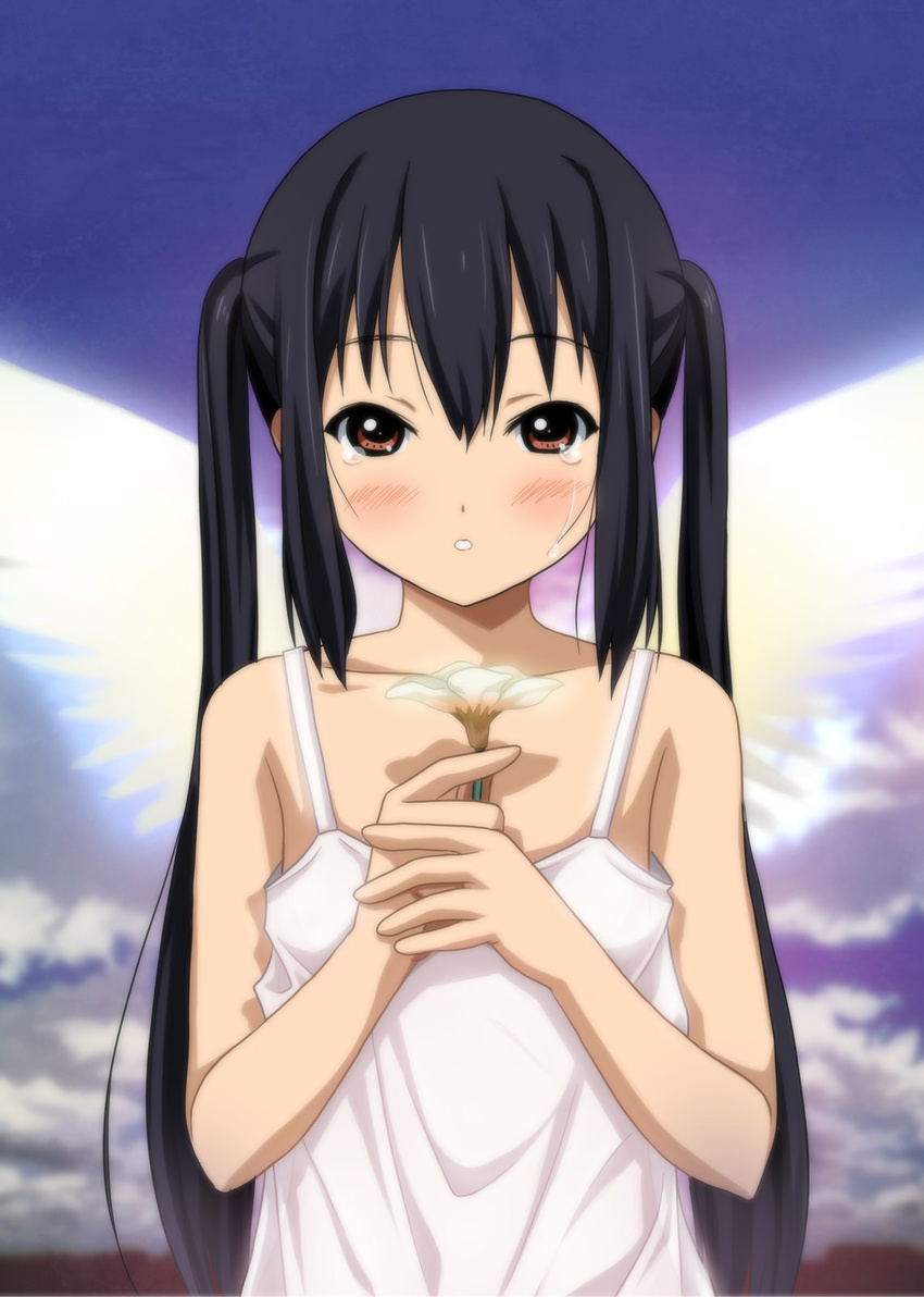 angel_wings black_hair blush brown_eyes camisole cloud flower highres k-on! long_hair looking_at_viewer nakano_azusa ryunnu sky solo tears twintails upper_body very_long_hair wings