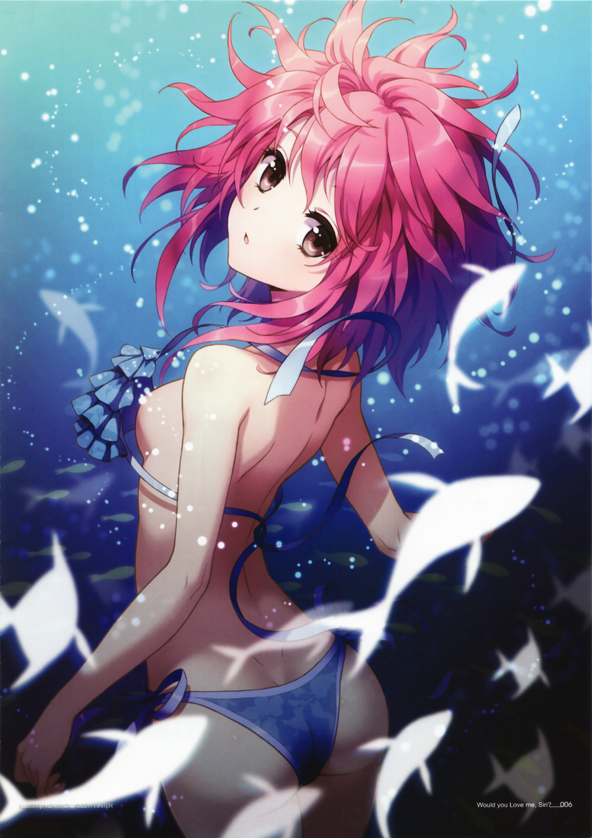 absurdres an2a ass bangs bikini brown_eyes bubble fish freediving frilled_bikini frills from_behind highres looking_at_viewer looking_back original personification pink_hair scan short_hair side-tie_bikini solo swimming swimsuit underwater wardrobe_malfunction water