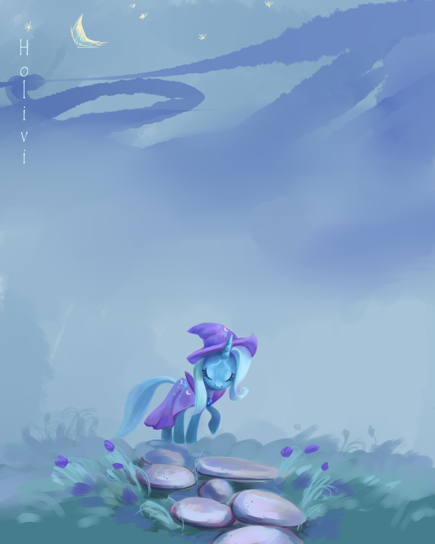 blue_hair cape detailed_background equine eyes_closed female feral flower friendship_is_magic grass hair hat holivi horn horse mammal moon my_little_pony path pony sad solo stones trixie_(mlp) unicorn wizard_hat