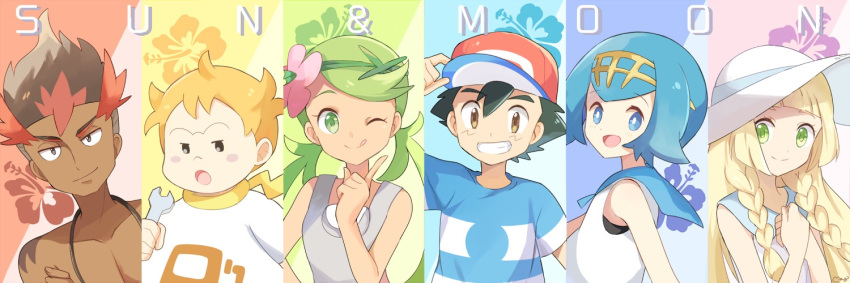 3girls adjusting_headwear arm_up artist_name bangs bare_shoulders baseball_cap black_eyes black_hair blonde_hair blue_eyes blue_hair blue_sailor_collar blue_shirt blush_stickers braid brown_eyes brown_hair closed_mouth collarbone copyright_name creatures_(company) dark_skin dark_skinned_male dress flat_chest flower game_freak green_hair green_hairband grin hair_flower hair_ornament hairband half-closed_eyes hand_up hands_together hands_up hat holding jpeg_artifacts kaki_(pokemon) lillie_(pokemon) long_hair looking_at_viewer mamane_(pokemon) mao_(pokemon) matching_hair/eyes mei_(maysroom) multicolored_hair multiple_boys multiple_girls nintendo open_mouth overalls pink_flower pointing pointing_up pokemon pokemon_(anime) pokemon_sm_(anime) red_hair red_hat sailor_collar satoshi_(pokemon) shirt shirtless short_hair short_sleeves signature sleeveless sleeveless_dress sleeveless_shirt smile spanner striped striped_shirt suiren_(pokemon) sun_hat teeth tied_hair twin_braids twintails two-tone_hair upper_body white_dress white_hat white_shirt wrench yellow_hairband