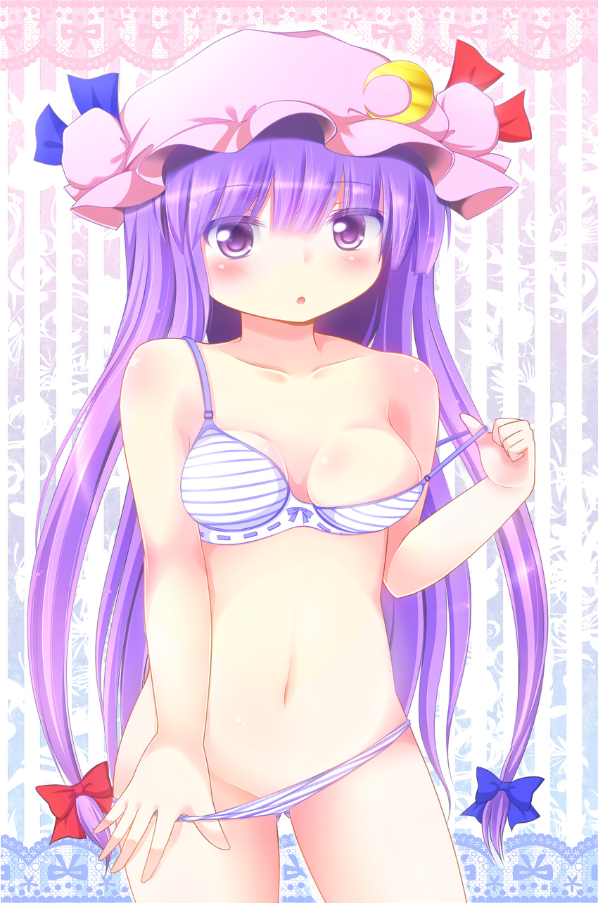 :o blush bra breasts groin highres long_hair looking_at_viewer medium_breasts panties patchouli_knowledge purple_eyes purple_hair rena_(riries) solo striped striped_background striped_bra striped_panties touhou underwear underwear_only undressing vertical-striped_background vertical_stripes