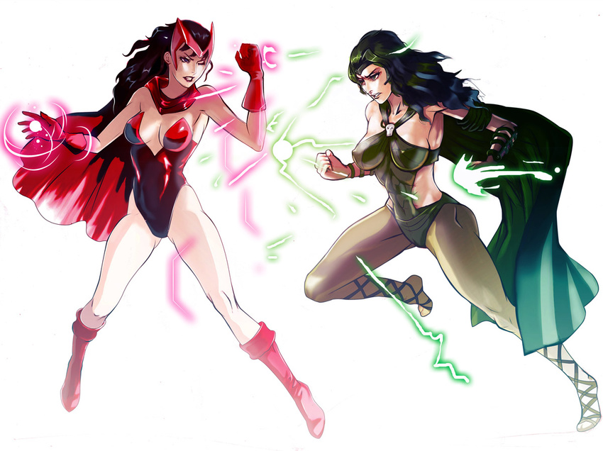 boots breasts brown_eyes brown_hair cape covered_nipples green_eyes green_hair helmet leotard long_hair lorna_dane magic marvel medium_breasts mikazuki_shigure multiple_girls pantyhose polaris_(x-men) red_leotard scarlet_witch siblings sisters spandex wanda_maximoff x-men