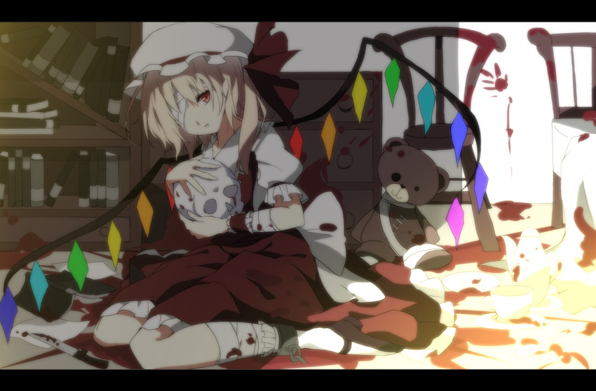 bandages bed blonde_hair blood bloody_knife book chair cuffs flandre_scarlet hat hat_ribbon high_heels holding itoo knife letterboxed on_floor open_book open_mouth red_eyes ribbon shelf shoes short_hair side_ponytail sitting skirt skirt_set skull solo stuffed_animal stuffed_toy tea_set teddy_bear touhou wariza wings wrist_cuffs