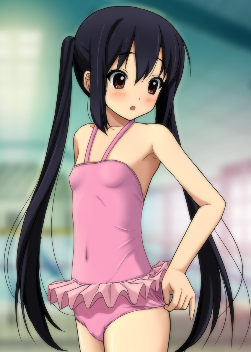 :o adjusting_clothes adjusting_swimsuit bare_shoulders black_hair blush brown_eyes cameltoe casual_one-piece_swimsuit flat_chest halterneck highres k-on! long_hair nakano_azusa one-piece_swimsuit pink_swimsuit ryunnu solo swimsuit twintails very_long_hair