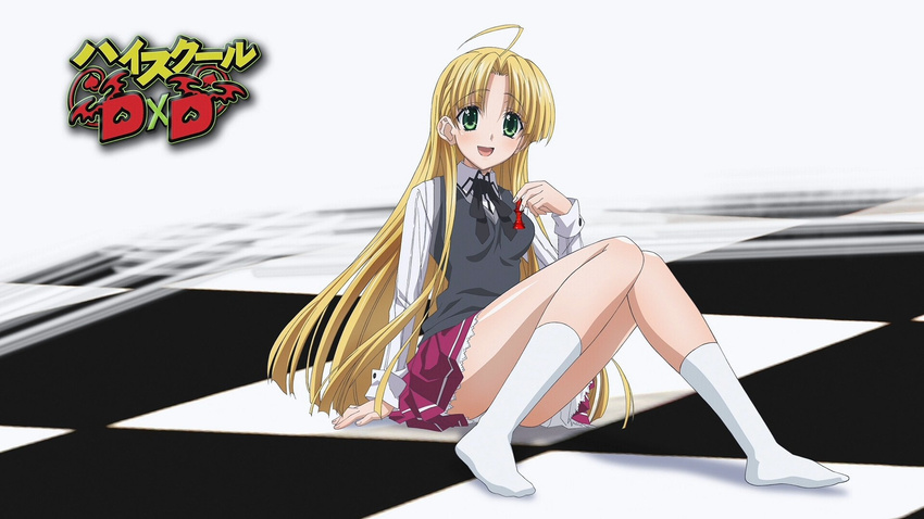 1girl :d ahoge arm_support ascot asia_argento blonde_hair blush body_blush buruma checkered checkered_floor copyright_name eyecatch female fingernails floor full_body green_eyes hands high_school_dxd highres holding knees_together_feet_apart legs long_hair long_image long_sleeves looking_at_viewer no_shoes on_floor open_mouth pawn school_uniform shadow shiny shiny_hair shiny_skin simple_background sitting skirt smile socks solo sweater sweater_vest uniform wallpaper white_background white_legwear wide_image