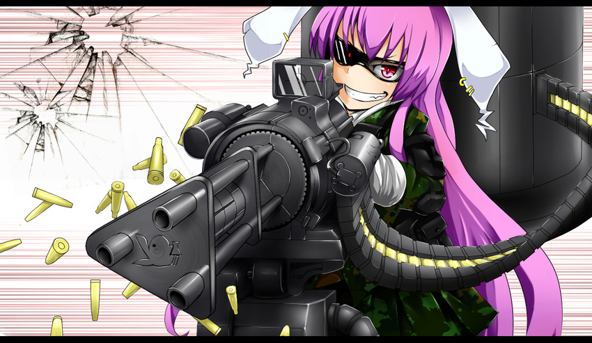 animal_ears bad_id bad_pixiv_id bullet bunny_ears earrings gatling_gun grin gun jewelry laser_sight letterboxed long_hair machine_gun mantarou_(shiawase_no_aoi_tori) military military_uniform one-eyed playboy purple_hair red_eyes reisen_udongein_inaba shell_casing slit_pupils smile solo sunglasses touhou uniform very_long_hair weapon