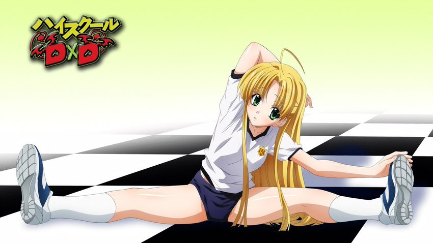 1girl ahoge arm_behind_head arm_up asia_argento blonde_hair blush body_blush buruma checkered checkered_floor copyright_name exercise eyecatch female floor full_body gradient gradient_background green_eyes gym_uniform hands_on_feet head_tilt high_school_dxd highres legs long_hair long_image looking_at_viewer on_floor parted_lips screencap shiny shiny_hair shiny_skin shoes sitting socks solo split spread_legs stretch uniform wallpaper white_legwear wide_image