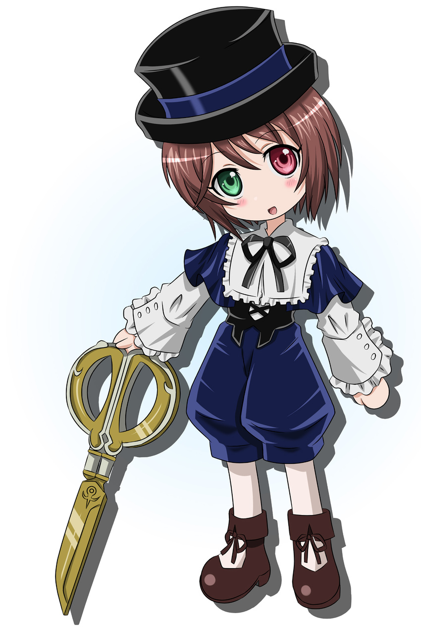 brown_hair chibi green_eyes hat heterochromia highres looking_at_viewer pantyhose red_eyes rozen_maiden scissors short_hair smile solo souseiseki takumi_(rozen_garten)