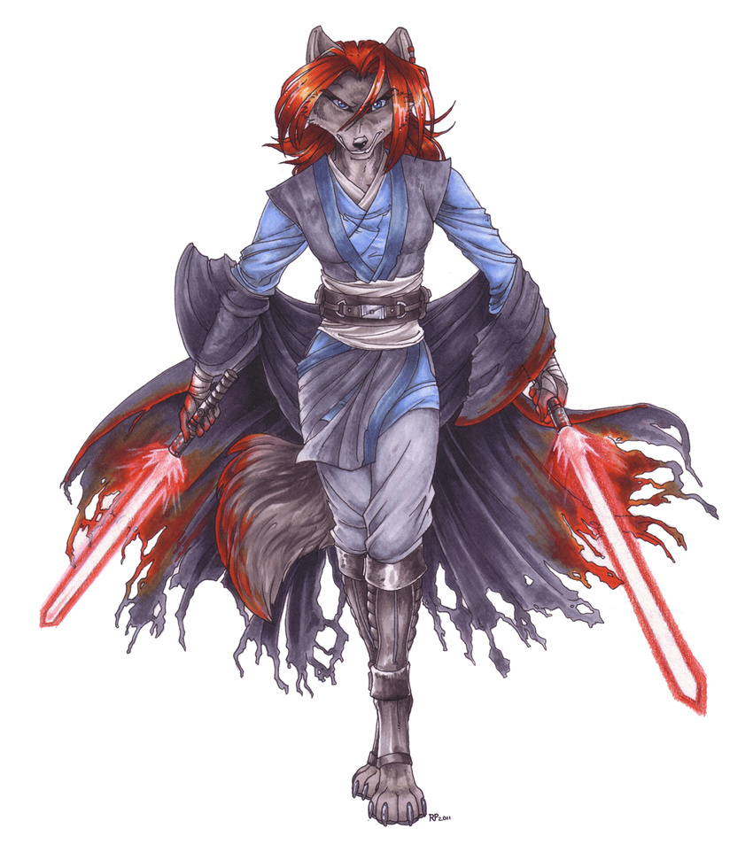 angry blue_eyes female hair lightsaber plain_background red_hair robe serenfey star_wars sword walking weapon white_background wielder