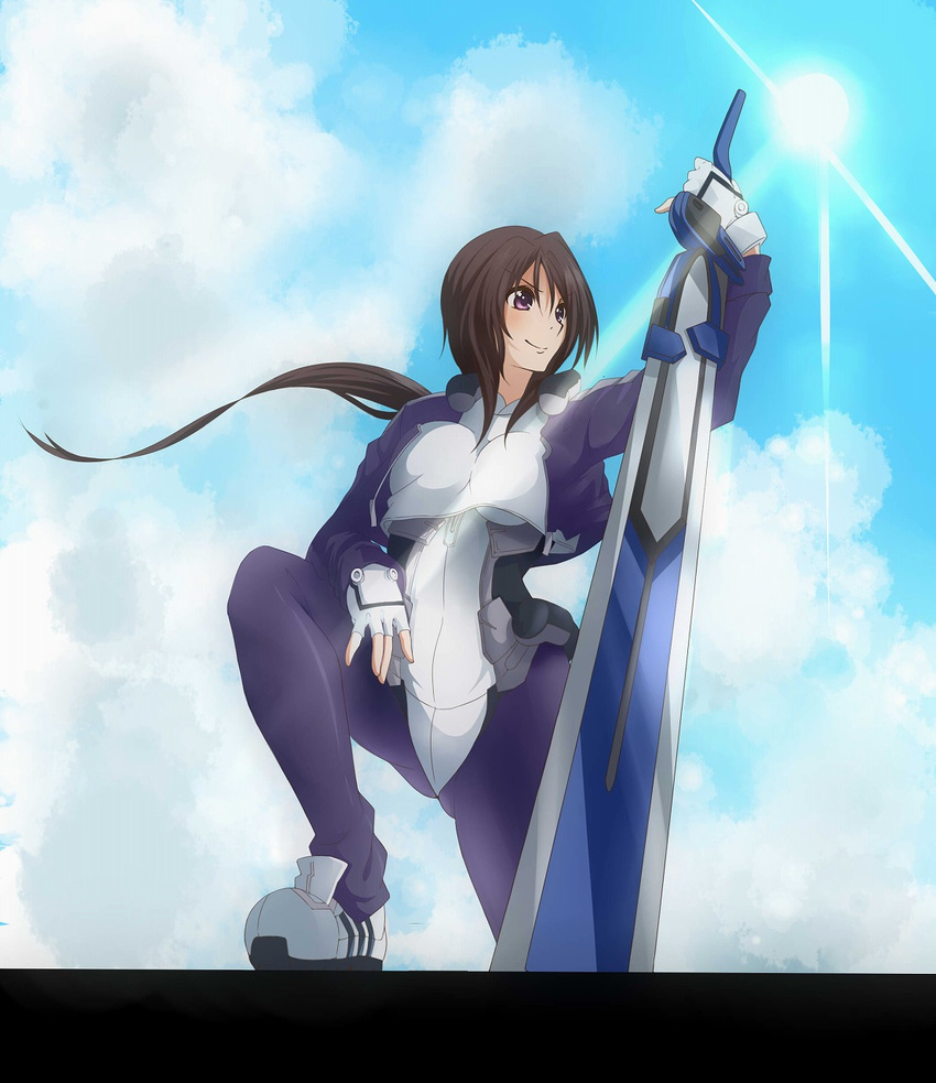 artist_request bodysuit brown_eyes brown_hair fingerless_gloves gloves highres jersey kyoukai_senjou_no_horizon kyoukaisenjou_no_horizon oriotorai_makiko pants ponytail shoes sneakers sweatpants sword weapon