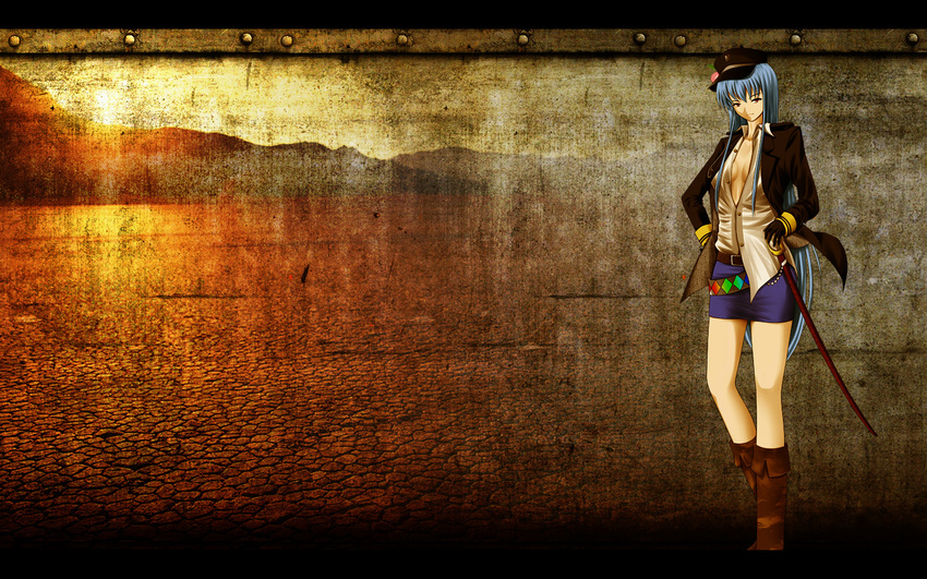 alternate_costume bad_id bad_pixiv_id belt blue_hair boots breasts coat desert food fruit gloves growingnoob hand_on_hip hat hinanawi_tenshi long_hair mountain open_clothes open_coat open_shirt peach red_eyes sheath sheathed shirt skirt small_breasts solo standing sun sword touhou weapon