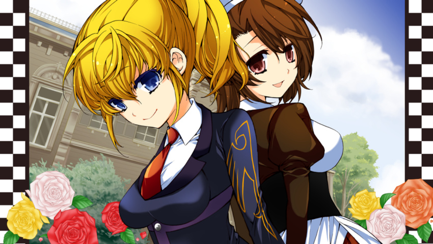 artist_request back-to-back blonde_hair blue_eyes brown_hair hat multiple_girls necktie ougon_musou_kyoku ponytail red_eyes shannon smile suzuragi_karin umineko_no_naku_koro_ni ushiromiya_jessica