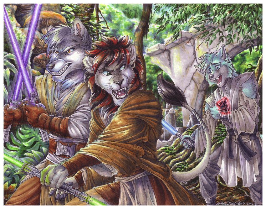 canine colorized_hair feline grin jungle karmakat lightsaber lion mammal pain robe star_wars sword weapon wielder wolf