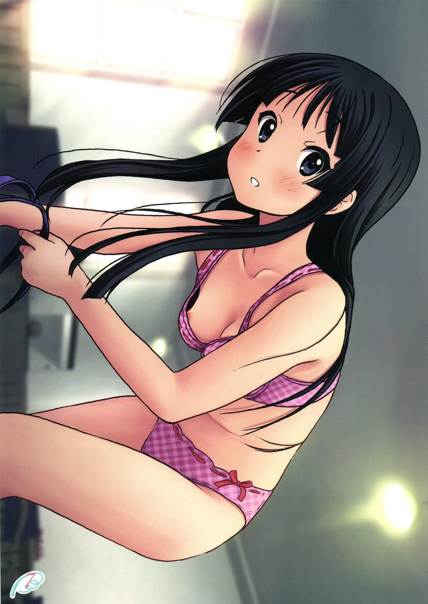 absurdres akiyama_mio bikini black_hair blush bow bow_panties bra breasts face highres hime_cut k-on! long_hair nipple_slip nipples panties pink_bra pink_panties ryunnu small_breasts swimsuit underwear underwear_only