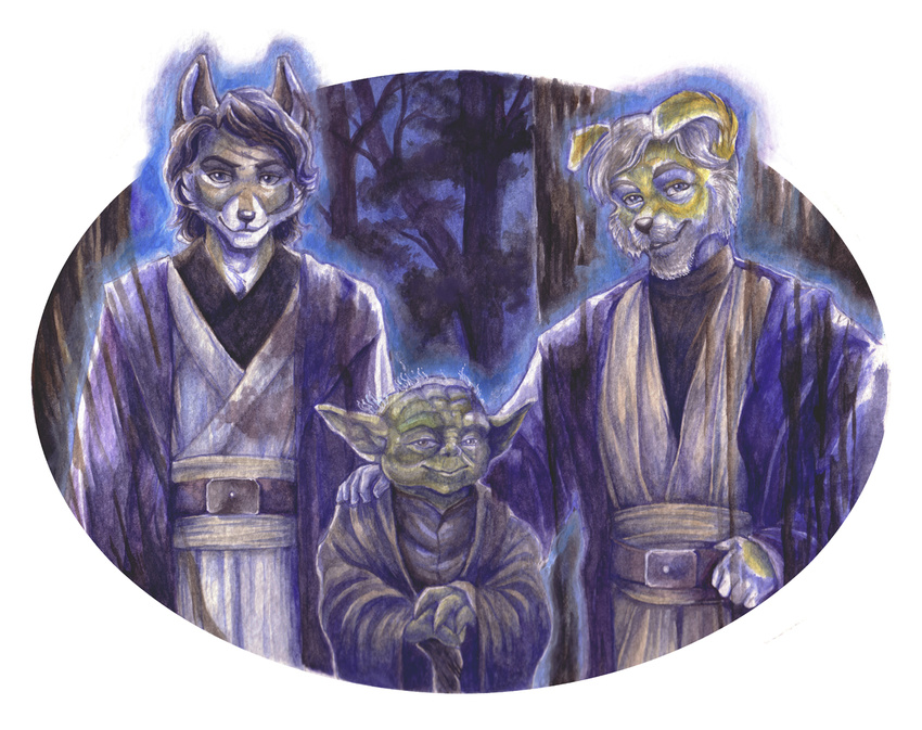 forest group hallo jedi male robe smile star_wars tree wielder wood yoda