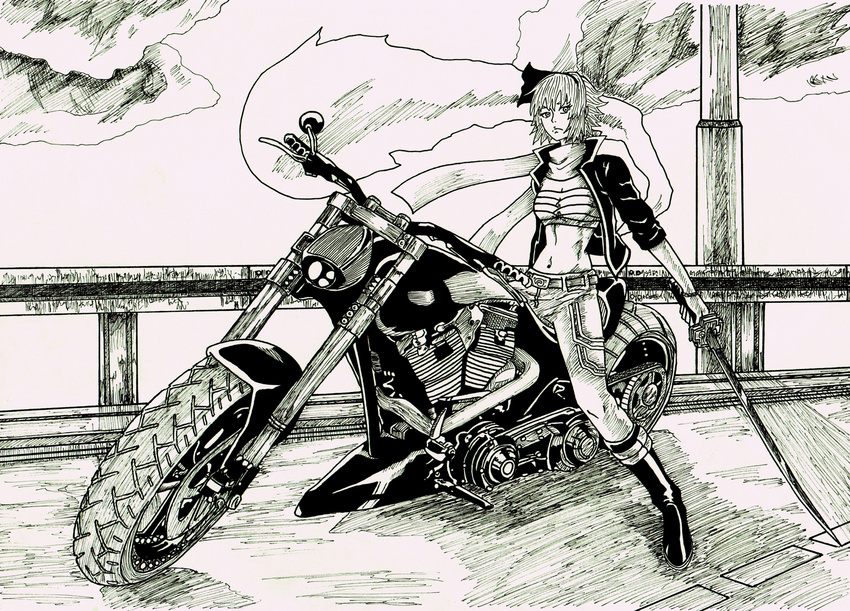 1girl biker female graphite_(medium) highres hitodama konpaku_youmu konpaku_youmu_(ghost) monochrome motor_vehicle motorcycle solo sword touhou traditional_media tres-iques vehicle weapon