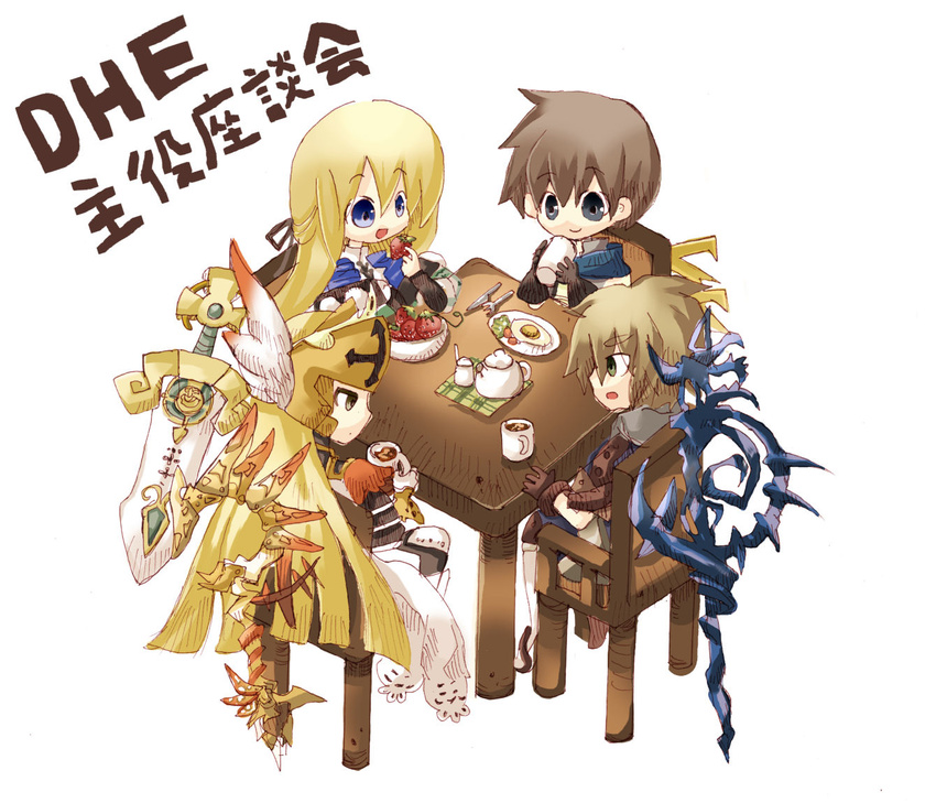 2girls blonde_hair blue_eyes chair ecthel_(riviera) food fork fruit giulio_raguel gungnir knife knights_in_the_nightmare maria_(knights_in_the_nightmare) multiple_boys multiple_girls open_mouth qian_(monyonyo1000) riviera strawberry sword table weapon yggdra_union yggdra_yuril_artwaltz