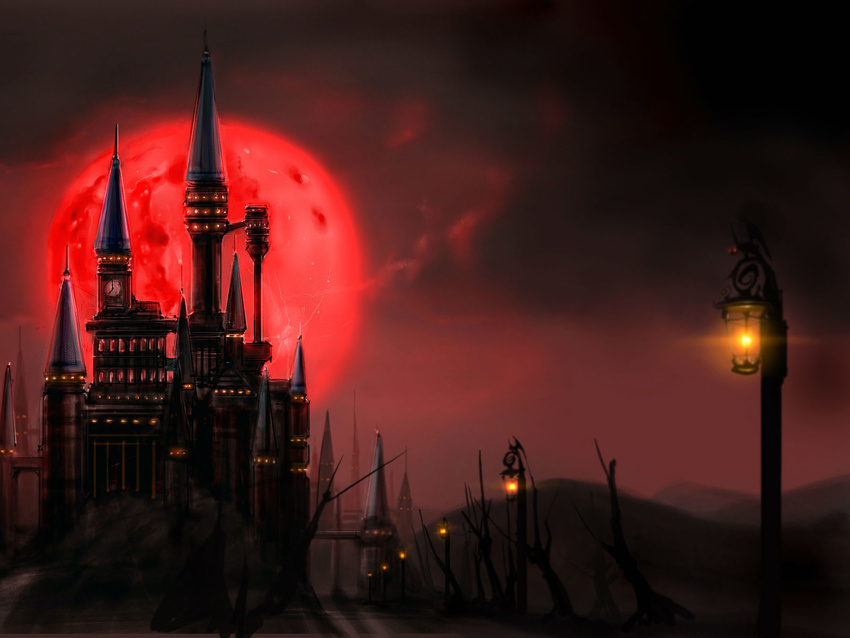 castle clock clock_tower cloud full_moon highres moon night no_humans red_moon scarlet_devil_mansion scenery shadowing the_embodiment_of_scarlet_devil touhou tower