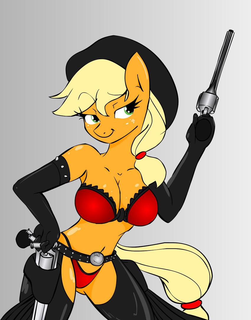 anthro anthrofied applejack_(mlp) belt blonde_hair breasts chaps cleavage cloth clothed clothing cowboy_hat equine female freckles friendship_is_magic gloves green_eyes gun hair hair_band hat holster horse leather long_hair looking_at_viewer mammal my_little_pony panties pistol pony ranged_weapon revolver simple_background smile solo tail_band underwear weapon zev