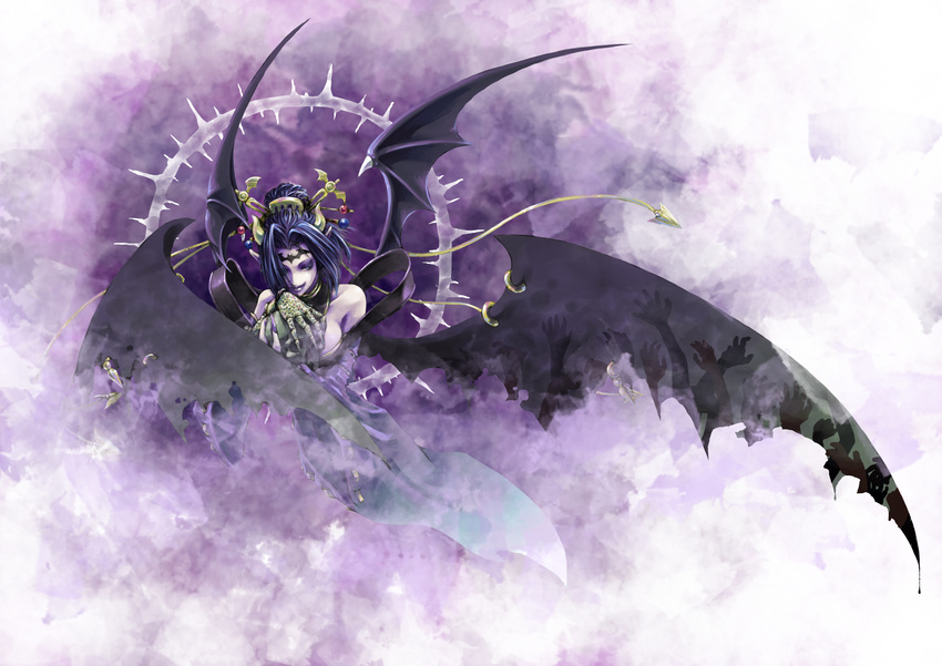 absurdres bad_id bad_pixiv_id bare_shoulders bat bat_wings blue_eyes breasts claws demon_girl digimon facial_mark fingernails fog forehead_mark fragment_of_the_moon hair_ornament highres horns large_breasts lilithmon lipstick makeup nail_polish pointy_ears sharp_fingernails short_hair skull smile solo succubus wings