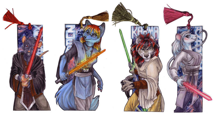 batch bookmark feline female karmakat lightsaber lion male mammal plain_background pose rat robe rodent scan star_wars sword weapon wielder zura