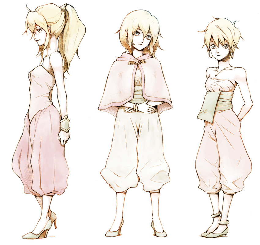 age_comparison age_progression ana_(anarock) anklet bad_id bad_pixiv_id bare_shoulders blonde_hair blue_eyes breasts capelet capri_pants earrings high_heels highres hoop_earrings jewelry long_hair multiple_persona pants pointy_ears ponytail primm sash seiken_densetsu seiken_densetsu_2 shoes short_hair small_breasts smile strapless teenage