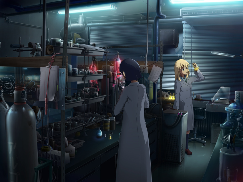 beaker black_hair blonde_hair cable chair dark erlenmeyer_flask flask fluorescent_lamp glowing highres holding lab_condenser labcoat laboratory lamp living original photorealistic pipes scenery science standing trench_coat vial