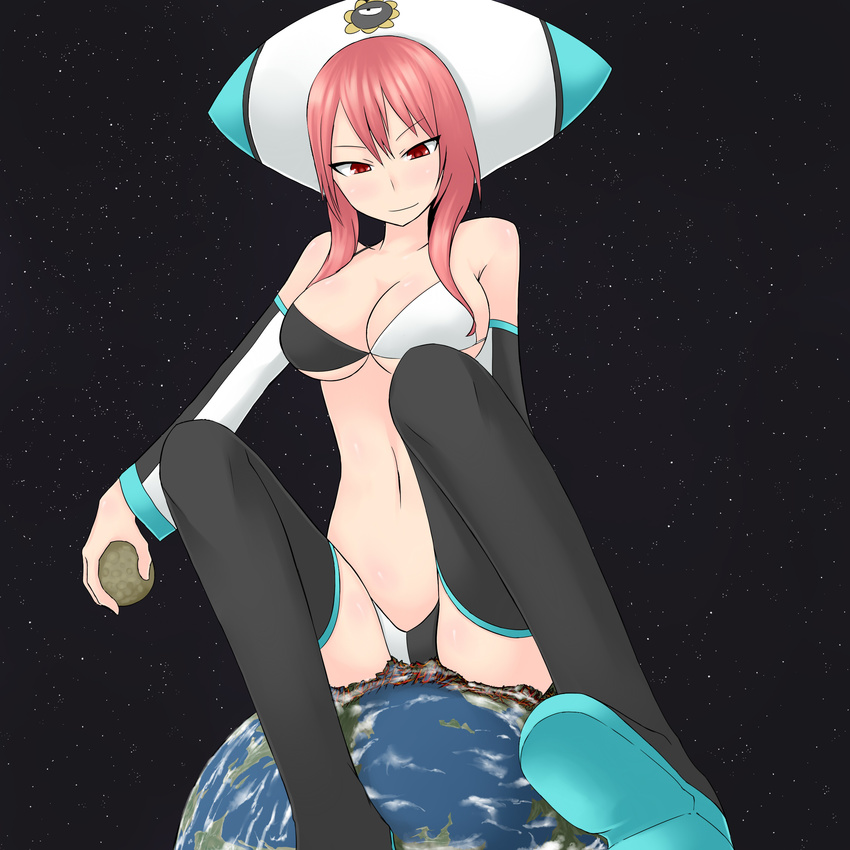 bikini breasts destruction earth giantess grab grabbing hat highres large_breasts moon pink_hair red_eyes sitting smile space star stars swimsuit terada_ochiko