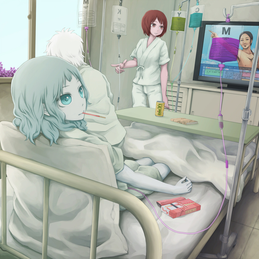 3girls albino armpit_hair bed bed_sheet black_hair blue_eyes blue_hair blue_skin book can cmyk commentary eating facial_hair flower food goatee highres hospital hospital_bed hospital_gown intravenous_drip lying mouth_hold multiple_girls original pillow pocky pointing red_hair shirtless sitting soda_can standing television wavy_hair white_hair window yajirushi_(chanoma)