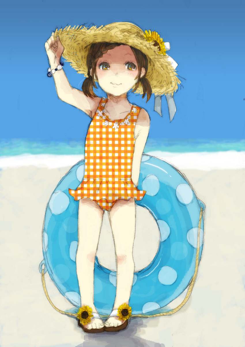 arm_up bad_id bad_pixiv_id beach bracelet brown_eyes brown_hair casual_one-piece_swimsuit day flower full_body hand_on_headwear hat hat_flower highres innertube jewelry kaburagi_kaede one-piece_swimsuit orange_swimsuit outdoors pigeon-toed plaid plaid_swimsuit sandals shoe_flower short_twintails sky solo standing sun_hat sunflower swimsuit tiger_&amp;_bunny twintails unmoving_pattern yk5112335