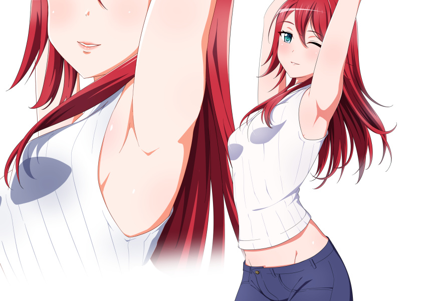 1girl aqua_eyes armpits arms_up bang_dream! blush breasts close-up denim groin hair_between_eyes head_out_of_frame highres jeans long_hair looking_at_viewer multiple_views one_eye_closed pants parted_lips red_hair ribbed_sweater sakamata simple_background sleeveless small_breasts smile sweater udagawa_tomoe white_background white_sweater wink