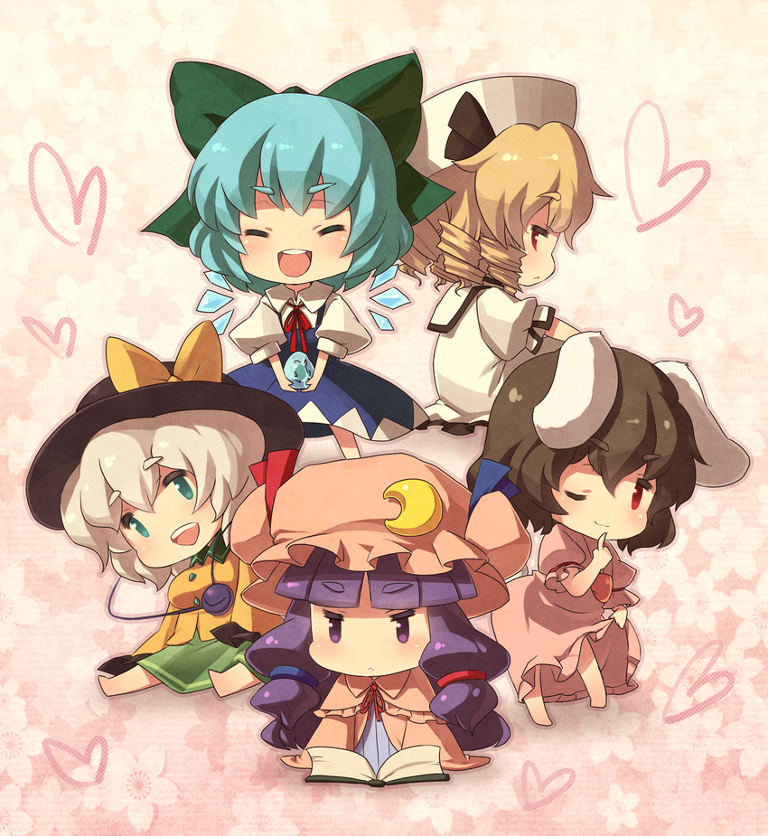:&lt; animal_ears blonde_hair blue_hair blueberry_(5959) book bunny_ears bunny_tail chibi cirno crescent dress dress_lift drill_hair green_eyes heart highres inaba_tewi komeiji_koishi luna_child multiple_girls one_eye_closed patchouli_knowledge purple_eyes purple_hair red_eyes silver_hair sitting tail touhou wings