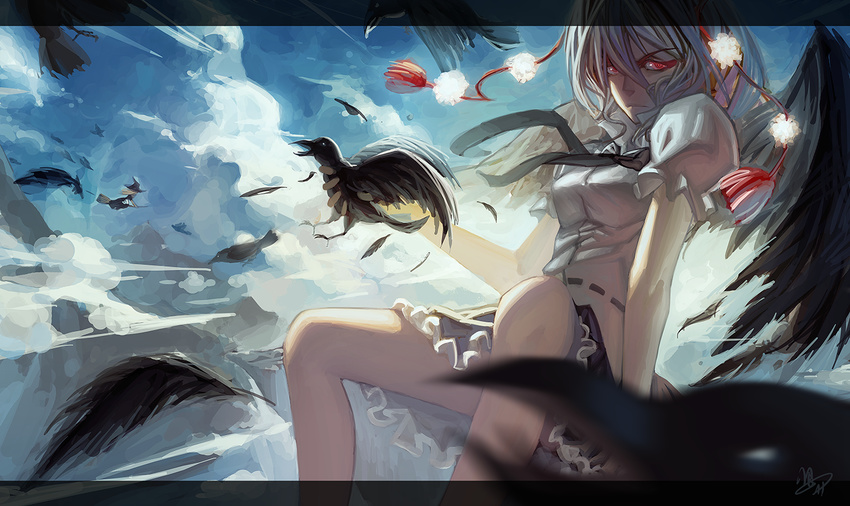 bird black_wings blonde_hair breasts broom crow dress feathers hat kirisame_marisa letterboxed long_hair medium_breasts multiple_girls red_eyes shameimaru_aya short_hair skirt sky touhou urami white_hair wings witch_hat