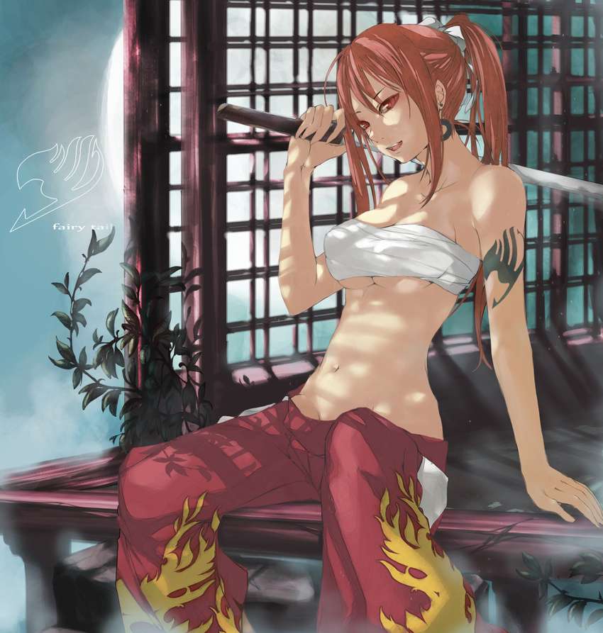arms_up bare_shoulders barefoot bow breasts earrings erza_scarlet fairy_tail hair_bow hakama highres japanese_clothes jewelry long_hair medium_breasts navel nyami ponytail red_eyes red_hair red_hakama sarashi sitting solo sword tattoo underboob weapon