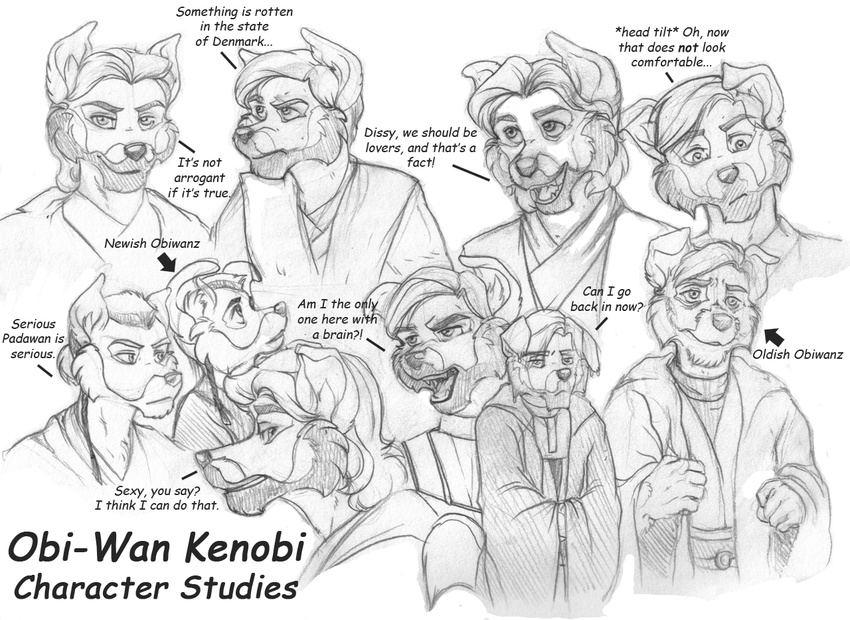 canine dog english_text male mammal model_sheet monochrome obi-wan_kenobi plain_background pose robe sketch solo star_wars text white_background wielder