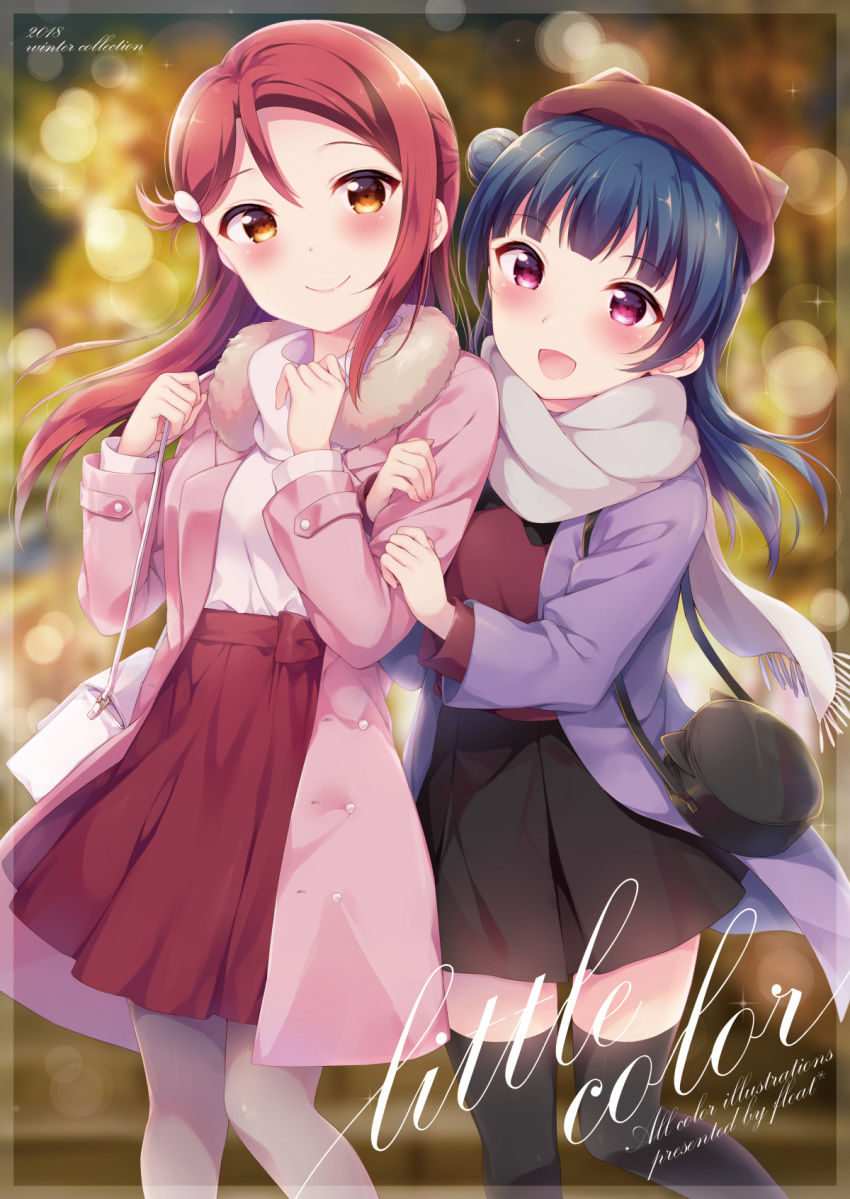 2018 2girls :d animal_hat bag bangs beret black_legwear black_skirt blue_hair blurry blush bokeh brown_hat cat_bag cat_hat clenched_hands commentary_request cover cover_page depth_of_field doujin_cover fur_collar grey_scarf hair_ornament hairclip half_updo hands_up hat hazuki_(sutasuta) highres holding_another's_arm holding_another's_arm holding_strap long_hair looking_at_viewer love_live! love_live!_sunshine!! multiple_girls open_mouth pantyhose pink_coat purple_coat red_hair red_shirt red_skirt sakurauchi_riko scarf shirt shoulder_bag side_bun skirt smile thighhighs tsushima_yoshiko turtleneck white_shirt winter_clothes