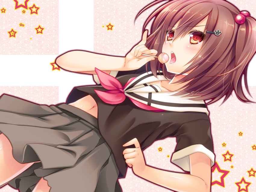 blush borrowed_character brown_eyes brown_hair candy cocoa_(cafe-hotcocoa) dutch_angle food hair_bobbles hair_ornament hairpin highres lollipop morinaga_koeda navel open_mouth original school_uniform short_hair skirt solo tongue