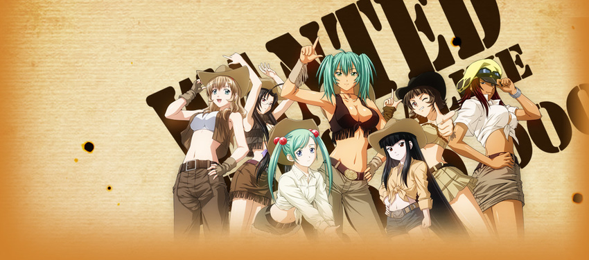 black_hair blue_eyes breasts brown_hair choushou_shifu cowboy everyone female fingerless_gloves girl glasses gloves green_eyes green_hair group hat ikkitousen kaku_bunwa kan'u_unchou kanu_unchou large_breasts long_hair miniskirt moukaku_(ikkitousen) official_art red_eyes red_hair ryofu_housen shokatsuryou_koumei short_skirt skirt smile standing western