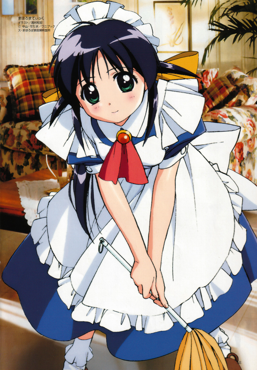 andou_mahoro apron ascot bangs black_hair blue_dress bobby_socks bow breasts brooch cleaning closed_mouth collar collared_dress couch cuff_links cuffs dress feet_out_of_frame frilled_apron frills green_eyes highres holding indoors jewelry leaning_forward long_hair looking_at_viewer mahoromatic maid maid_headdress messy_hair page_number red_neckwear sash scan shoes sleeve_cuffs small_breasts smile socks solo standing table takamura_kazuhiro white_bow yellow_bow