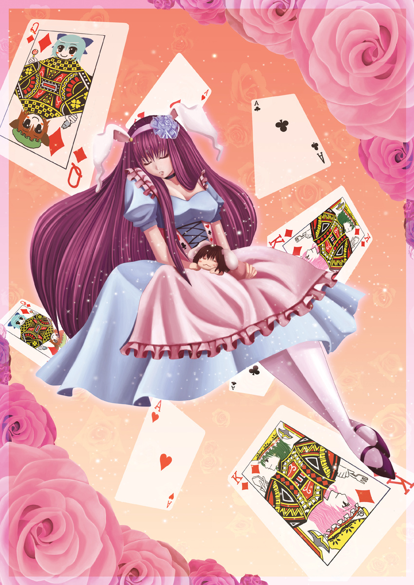 alice_in_wonderland animal_ears bad_id bad_pixiv_id banned_artist bunny_ears card chen cirno floating_card flower highres inaba_tewi pantyhose purple_hair reisen_udongein_inaba rose saigyouji_yuyuko shiki_eiki sleeping solo touhou white_legwear white_rabbit yuuka_nonoko