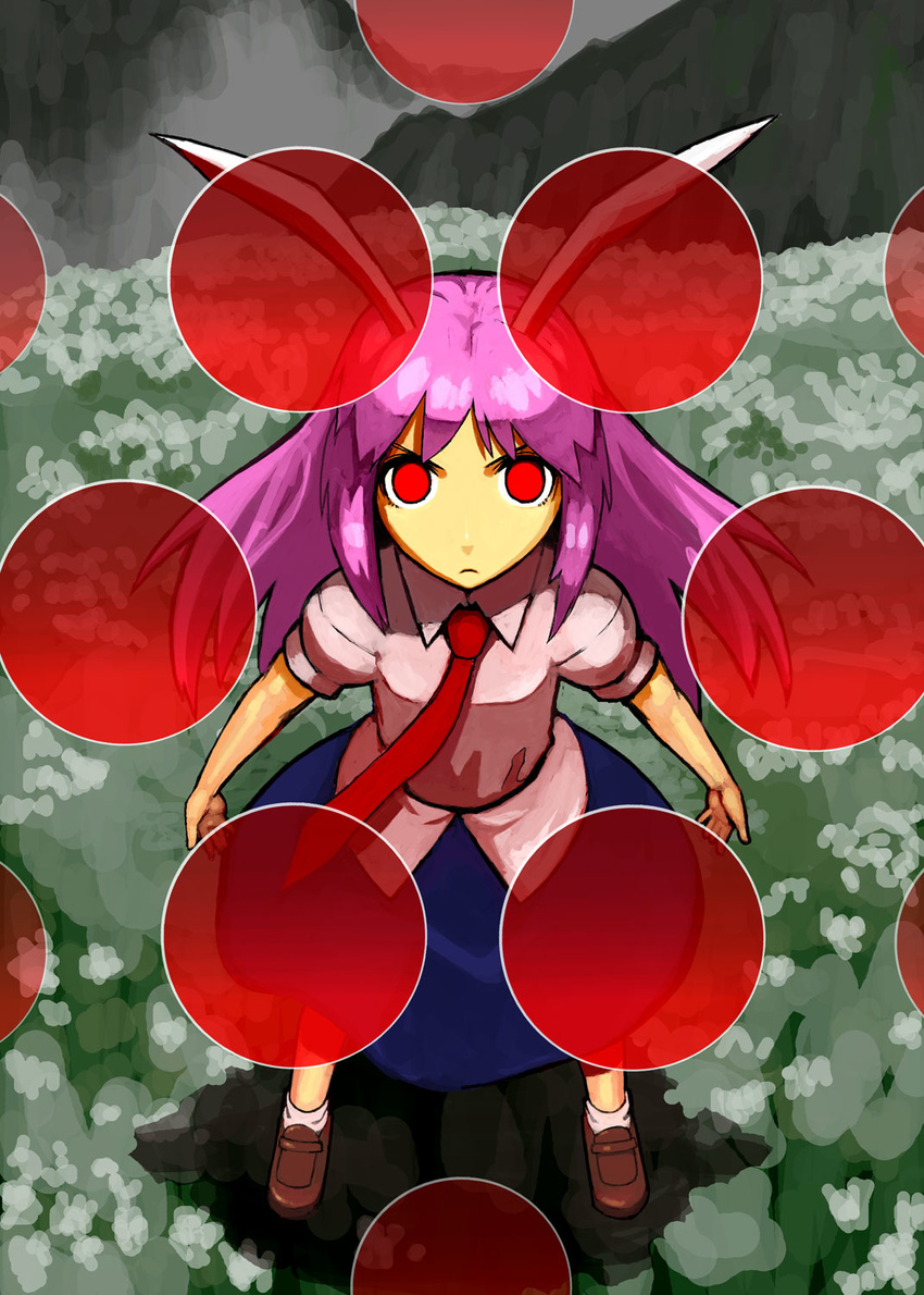 animal_ears bad_id bad_pixiv_id bunny_ears from_above frown highres long_hair looking_up necktie no_pupils purple_hair red_eyes red_neckwear reisen_udongein_inaba shirt skirt solo staring touhou yu_65026