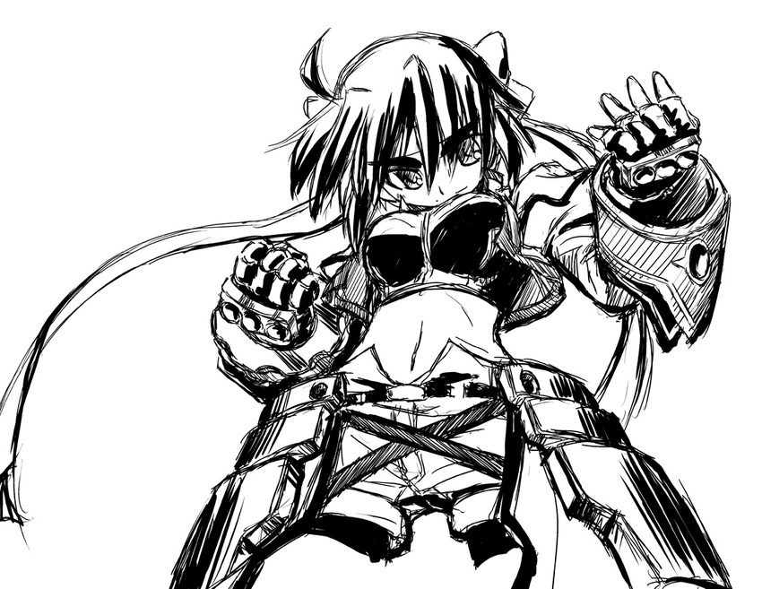 ahoge belt buckle clenched_hands cowboy_shot crop_top gauntlets greyscale looking_at_viewer lyrical_nanoha mahou_shoujo_lyrical_nanoha_strikers midriff monochrome navel revolver_knuckle scarf short_hair shorts solo stomach subaru_nakajima yuuka_(o.t.kingdom)