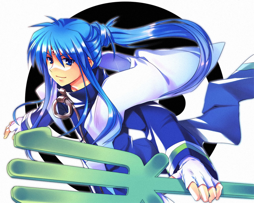 blue_eyes blue_hair houshin_engi long_hair male_focus polearm satomi_yoshitaka solo trident weapon youzen