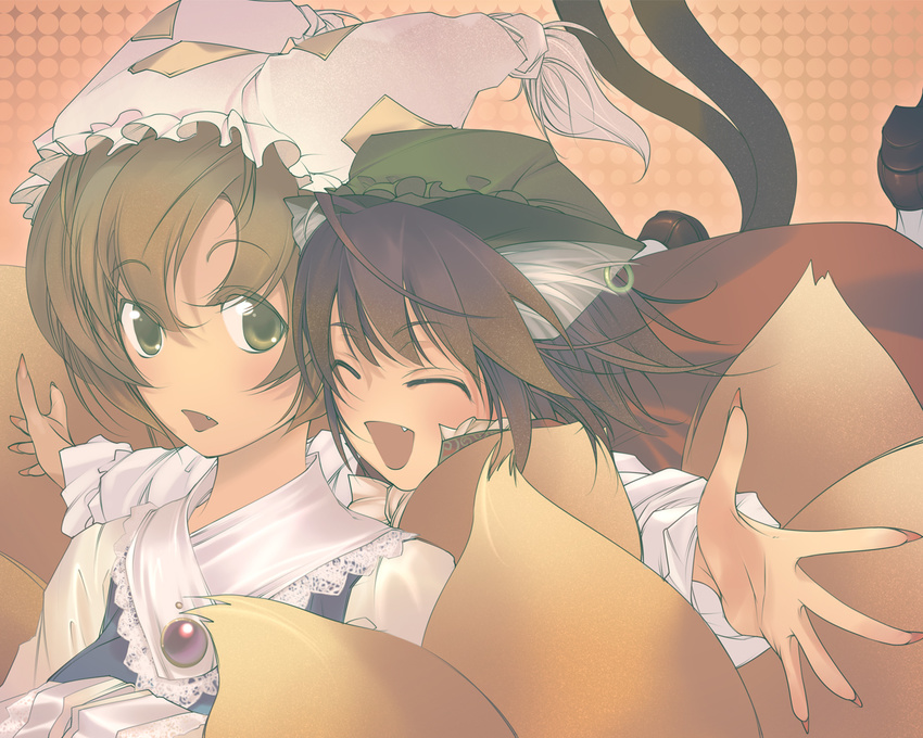 aikura_chihiro animal_ears blonde_hair brown_hair cat_ears cat_tail chen china_dress chinese_clothes dress earrings fang fingernails fox_tail hands_in_opposite_sleeves hat jewelry long_fingernails long_sleeves multiple_girls multiple_tails pillow_hat short_hair tail tassel touhou yakumo_ran yellow_eyes