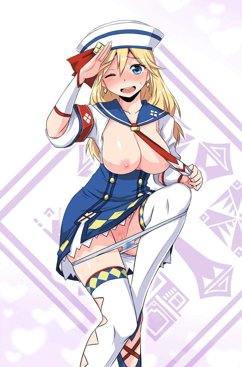 blonde_hair blue_eyes blush breasts breasts_outside dixie_cup_hat earrings hat highres jewelry large_breasts long_hair looking_at_viewer military_hat monster_hunter monster_hunter_3_g necktie nipples one_eye_closed open_mouth panties panty_pull pubic_hair quest_receptionist_(monster_hunter_3_ultimate) sailor_hat salute solo sweat thighhighs underwear white_legwear white_panties zaxwu